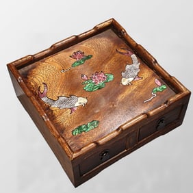 Chinese Huali Wood Inlay Shell Carp & Lotus Leaf & Lotus Flower Design Jewellery Box