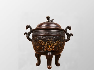 Chinese Gilt Gold Copper Divine Beast Double Ears Incense Burner