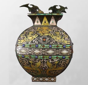 Vintage Chinese Silver Plated Gilt Gold Bronze Inlay Gems Double Ear Pot