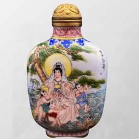 Vintage Chinese Copper Enamel Kwan-yin Design Snuff Bottle
