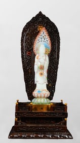 Exquisite Chinese Colored Drawing White Hetian Jade Carved Siddhartha Buddha Statue