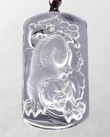 Beautiful White Crystal Carved Tiger Pendant w Hand Woven Necklace