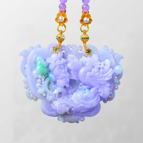 Exquisite Purple Jadeite Carved Phoenix & Peony Pendant w Hand Woven Beads Necklace