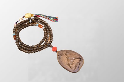 Old Chinese Chenxiang Wood Low Relief Fortune Ox Pendant w Beads Necklace
