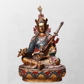 Tibetan Buddhism Colored Drawing Gilt Gold Copper Padmasambhava Buddha Statue