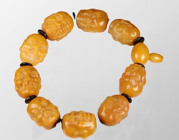 Vintage Chinese Tianhuang Stone Carved Arhat Beads Bracelet