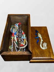 Old Tibetan Sky Eye DZI Agate Lucky Pendant w Hand Woven Necklace & Huali Wood Box