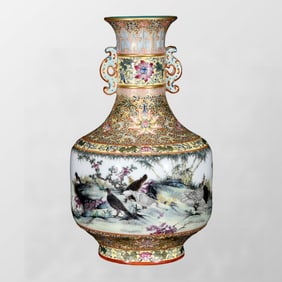 Chinese Qing Dynasty Gilt Edge Famille Rose Flowers Bird Design Porcelain Vase