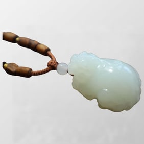 Superb Chinese White Hetian Jade Carved Fortune Pixiu Pendant w Hand Woven Necklace