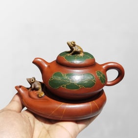Chinese Yixing Zisha Clay Lotus Leaf & Frog Teapot w Artist Signed