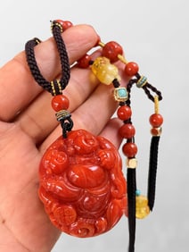 Beautiful Chinese Nanhong Agate Carved Laughing Buddha Pendant w Hand Woven Necklace