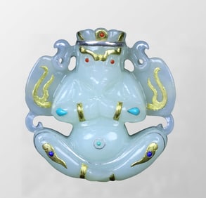 Superb Chinese Gilt Gold Hetian Jade Carved Buddha Pendant