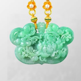 Exquisite Jadeite Carved Butterfly & Peony Pendant w Hand Woven Beads Necklace
