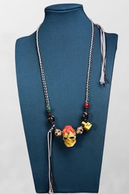Vintage Colored Drawing Bone Carved Skull Pendant w Hand Woven Necklace
