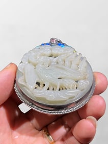 Vintageb Chinese Pure Silver Inlay Hetian Jade Carved Phoenix Pendant