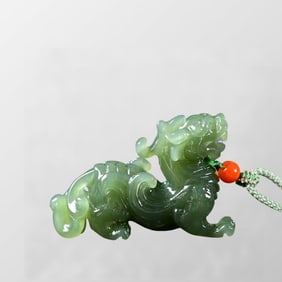 Superb Chinese Natural Hetian Jade Carved Unicorn Pendant