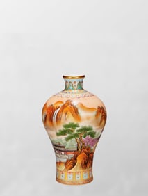 Chinese Qing Dynasty Gilt Edge Famille Rose Enamel Mountain River Scene Design Porcelain Vase