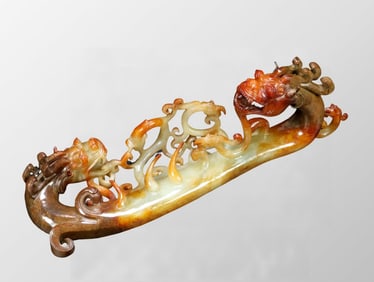 Superb Vintage Chinese Hetian Jade Carved Dragon Phoenix Statue