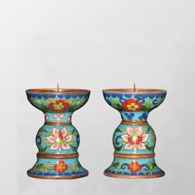A Pair Old Chinese Copper Cloisonne Flowers Design Candlestick