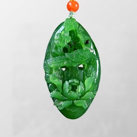 Chinese Green Hetian Jade Carved Flowers Bird Pendant