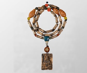 Vintage Chenxiang Wood Carved Kwan-yin Pendant w Chenxiang Wood & Olive Nut Beads Necklace