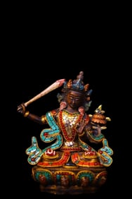 Vintage Bone Inlay Turquoise & DZI Agate & Gems Manjushri Bodhisattva Statue