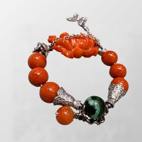 Beautiful 925 Silver Inlay Red Jadeite Carved Flower Beads Bracelet