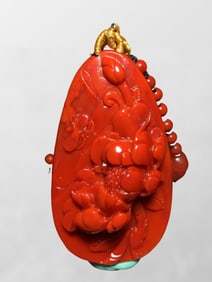 Beautiful Chinese Nanhong Agate Carved Flower & Butterfly Pendant w Beads Necklace