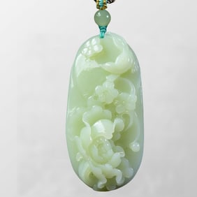 Chinese Natural Hetian Jade Carved Flower & Bird Pendant w Hand Woven Necklace