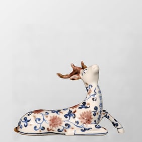 Chinese Underglaze Red + Blue And White Porcelain Sika Deer Statue