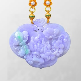 Exquisite Purple Jadeite Carved Flowers Design Pendant w Beads Necklace