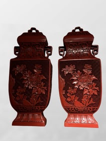 A Pair Chinese Red Lacquerware Low Relief Flowers Design Vase