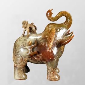 Vintage Chinese Hetian Jade Carved Elephant & Monkey Statue
