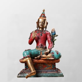 Tibetan Gilt Gold Copper Inlay Turquoise & Gems Buddha Statue