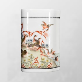 Chinese Famille Rose Wild Geese Design Porcelain Brush Pot