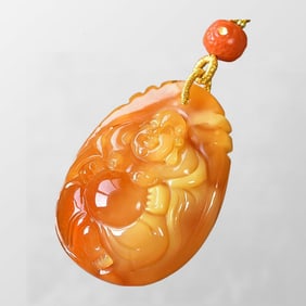 Beautiful Beeswax Carved Laughing Buddha Pendant w Hand Woven Beads Necklace