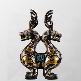 Vintage Chinese Silver Plated Gilt Gold Bronze Double Beast Statue