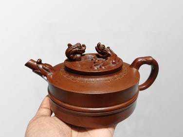 Chinese Yixing Zisha Clay Double Dragon Teapot w Artist Signed