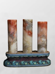 A Set Three Vintage Chinese Shoushan Stone Pine Tree & Bamboo & Plum Flower  Design Seals