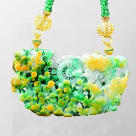Exquisite Jadeite Carved Phoenix & Peony Pendant w Hand Woven Beads Necklace