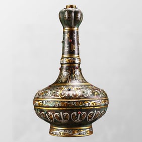 Vintage Chinese Gilt Gold Bronze Inlay Gem Vase