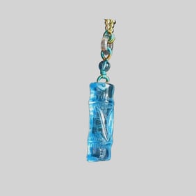 Beautiful Aquamarine Carved Fortune Bamboo Pendant w Hand Woven Beads Necklace