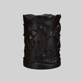 Vintage Chinese Chenxiang Wood Carved Lotus Leaf & Lotus Flower Brush Pot