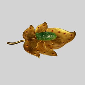 Vintage Chinese Gilt Gold Copper Inlay Green Jade Cicada Statue