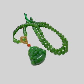 Chinese Green Hetian Jade Carved Laughing Buddha Pendant w Beads Necklace