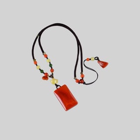 Beautiful Chinese Nanhong Agate Lucky Pendant w Hand Woven Necklace
