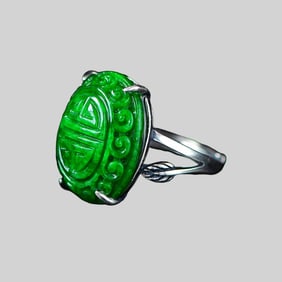 Beautiful 925 Silver Inlay Green Jadeite Ring