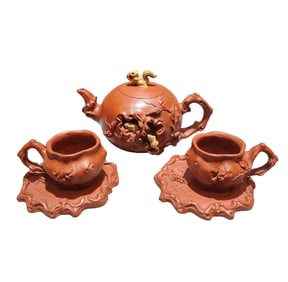 A Set Chinese Yixing Zisha Clay High Relief Squirrel & Grape Teapot w Cup & Saucer