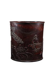 Chinese Zitan Wood Low Relief Playing Chess Old Men Design Brush Pot: Chinese Zitan Wood Low Relief Playing Chess Old Men Design Brush PotDimension: 190 x 180 (mm)7.48 x 7.09 (inches)
