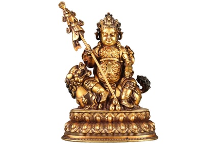 Superb Old Tibetan Gilt Gold Copper Yellow Jambhala Statue